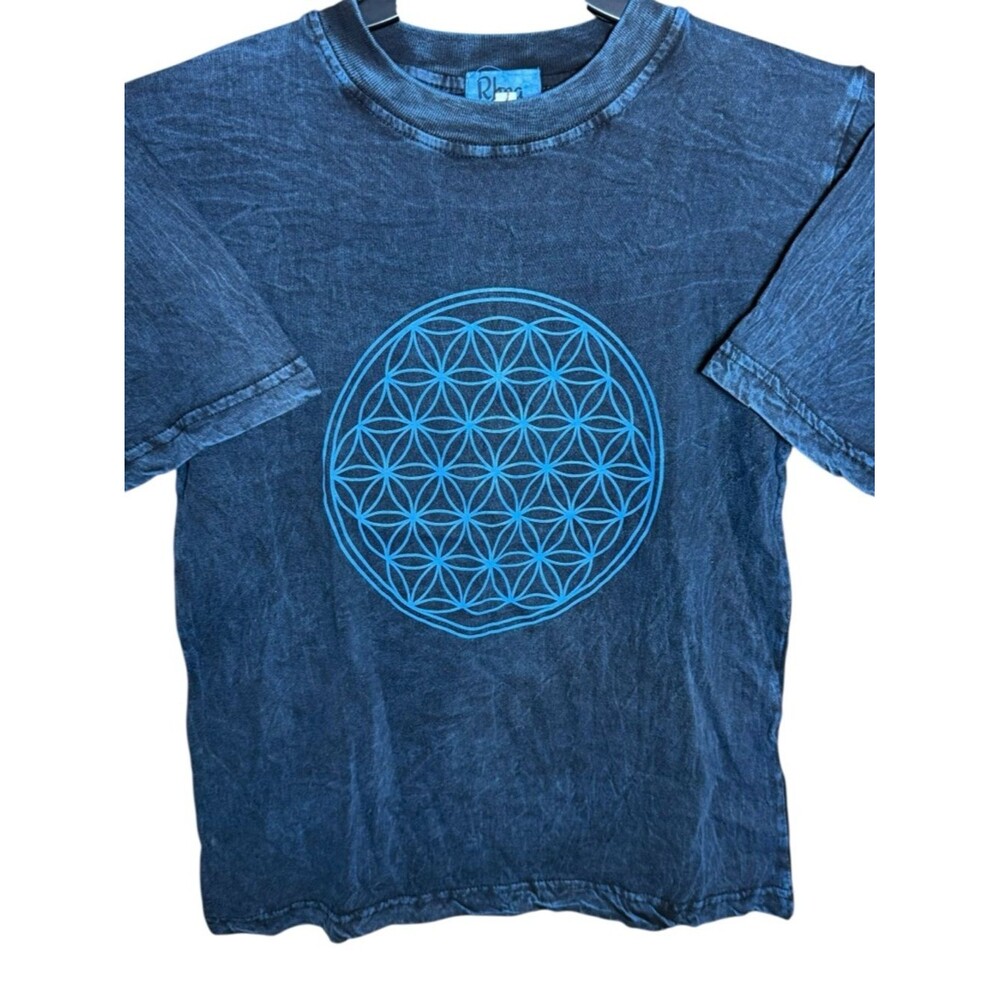 Rhea Flower of Life Petrol Blue Acid Wash Cotton T-Shirt Size Small- Festiwear